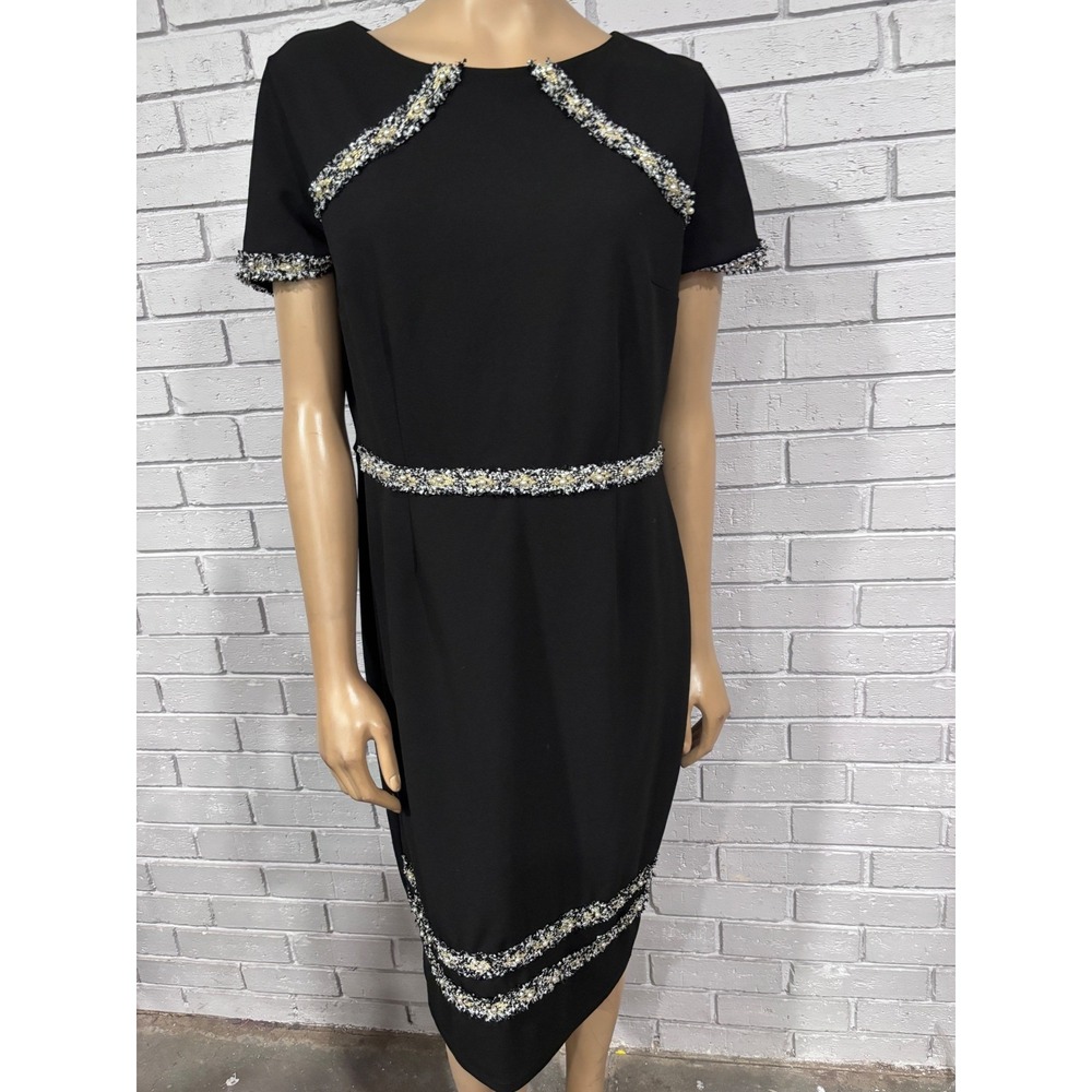 Paper Dolls London Black Tweed Sheath Dress Pearl Trim Old Money 12/UK16